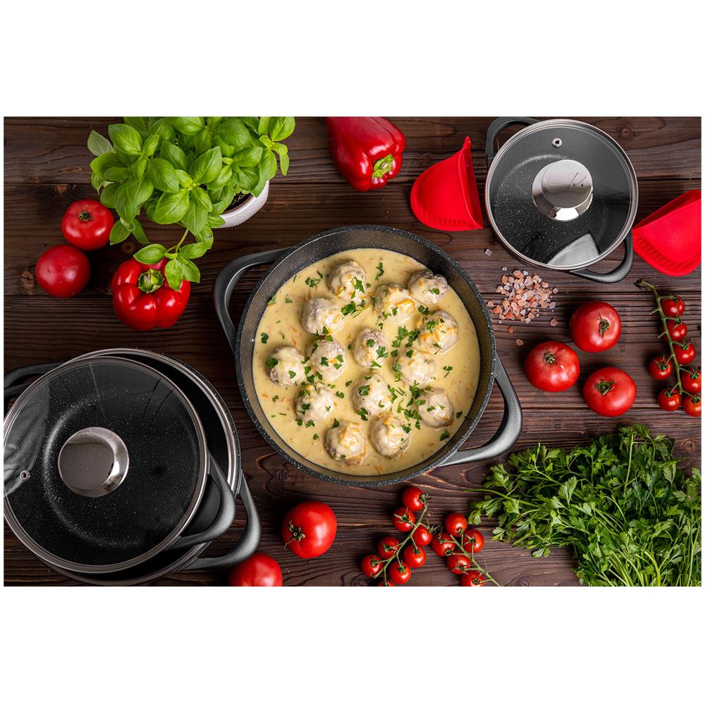 Mgk-17 Batteria Da Cucina Induzione Set Pentole 8 Pezzi Alluminio Fuso, Coperchi Vetro Nero - Foto 2