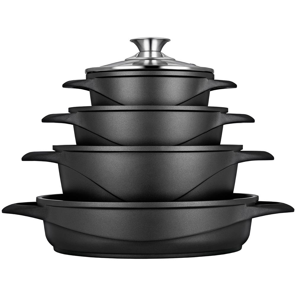 Mgk-17 Batteria Da Cucina Induzione Set Pentole 8 Pezzi Alluminio Fuso, Coperchi Vetro Nero - Foto 1