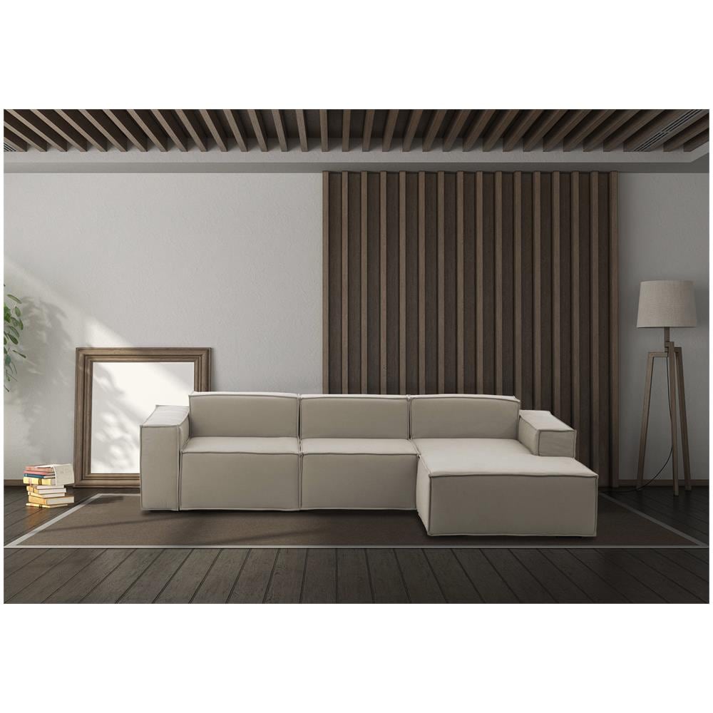 Divano Fisso Giovanna, Divano Componibile A 3 Posti Con Penisola Destra, 100% Made In Italy, Sofà Moderno In Tessuto, Cm 300x170h70, Tortora - Foto 1