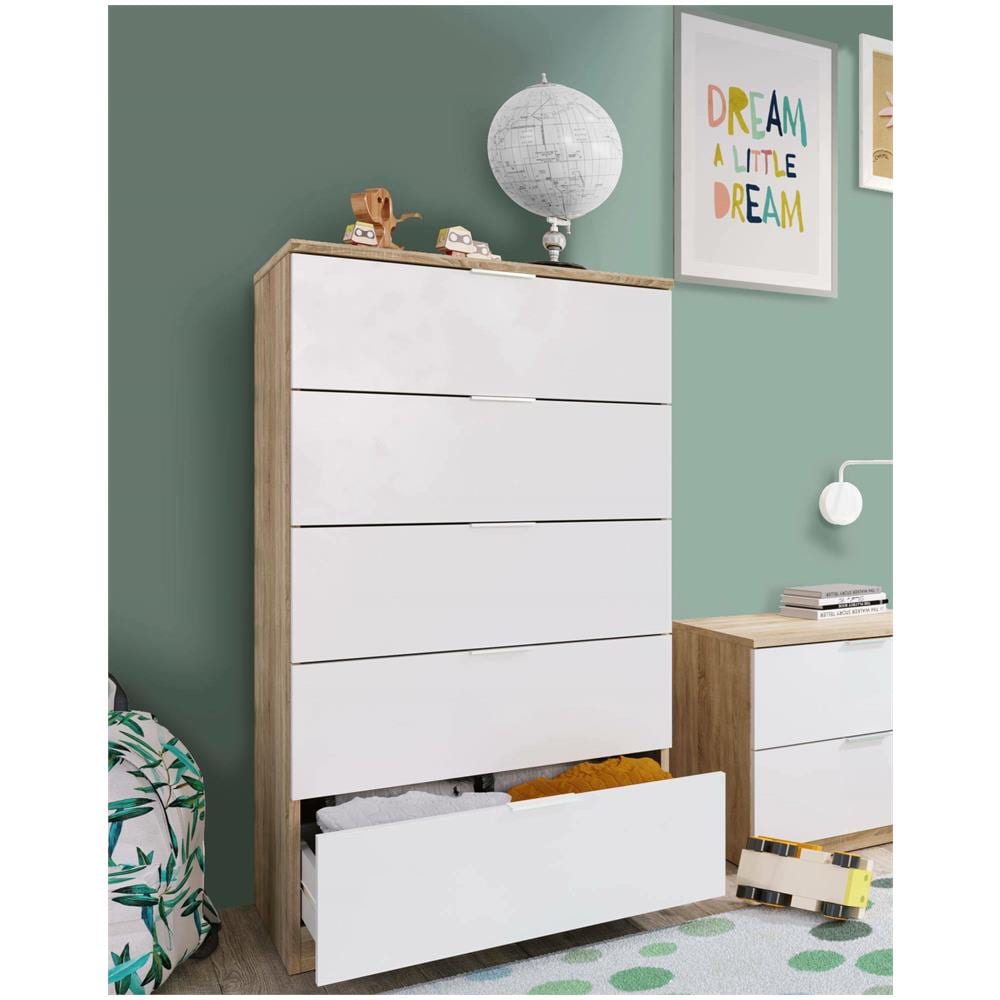 Cassettiera Mesquite, Settimanale A 5 Cassetti, Mobile Comò Per Camera Da Letto, Settimanale Moderno, 60x40h110 Cm, Rovere E Bianco - Foto 1