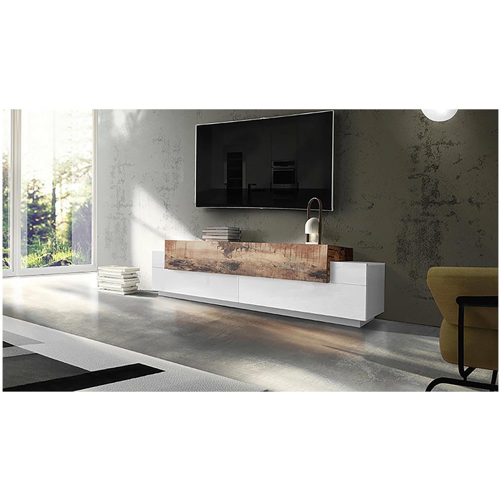 Mobile Porta Tv Teo, Credenza Bassa Da Soggiorno, Base Porta Tv, 100% Made In Italy, Cm 200x45h52, Bianco Lucido E Acero - Foto 1