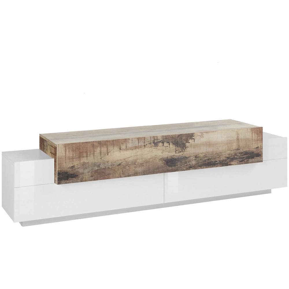 Mobile Porta Tv Teo, Credenza Bassa Da Soggiorno, Base Porta Tv, 100% Made In Italy, Cm 200x45h52, Bianco Lucido E Acero - Foto 2
