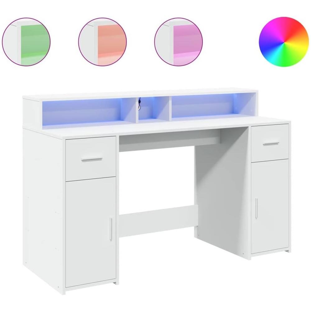 Scrivania con Luci LED Bianca 140x55x91 cm in Legno Multistrato - Foto 1