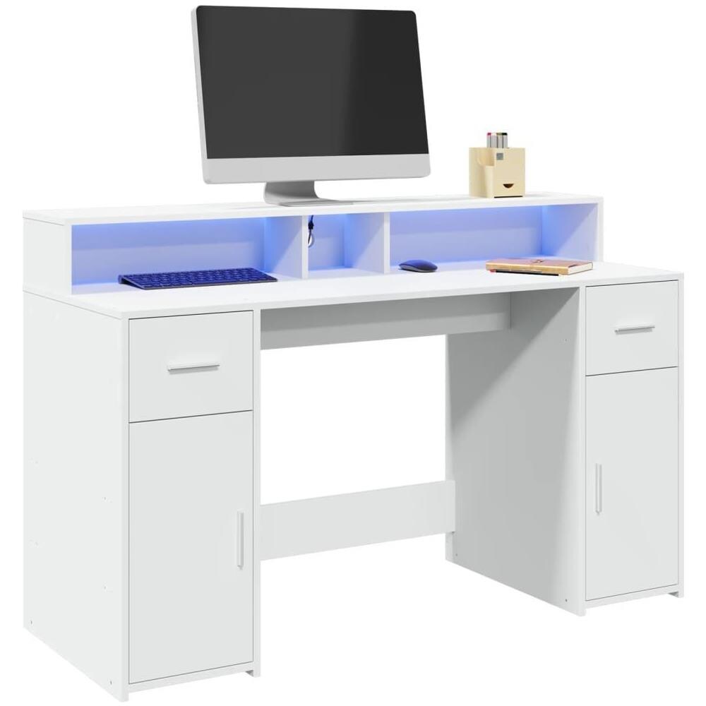 Scrivania con Luci LED Bianca 140x55x91 cm in Legno Multistrato - Foto 2