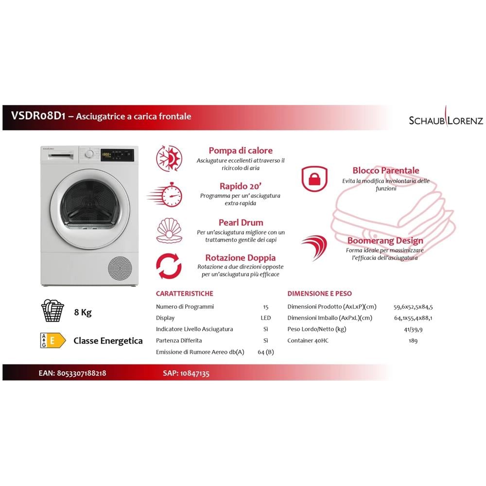 VSDR08D1 Asciugatrice 8 KG Libera Installazione Classe E - Foto 5