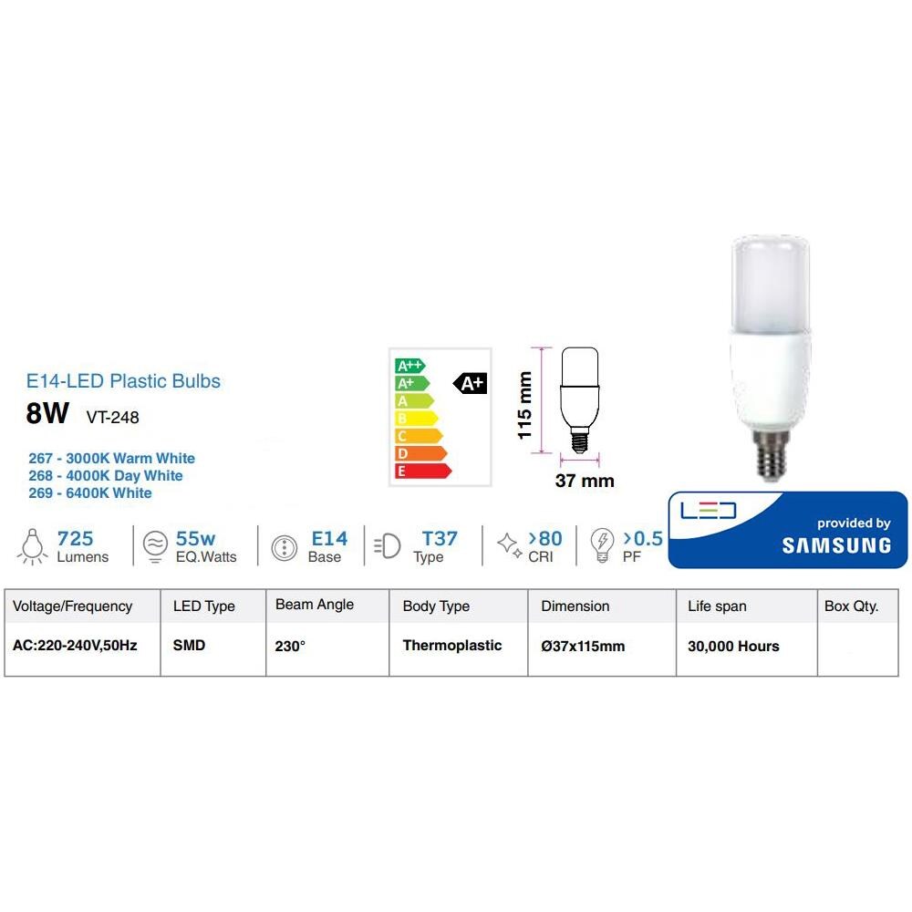 Lampadine Led E14 T37 8w Samsung Tubolare Luce Calda 3000k V-tac Vt-248 267 - Foto 2