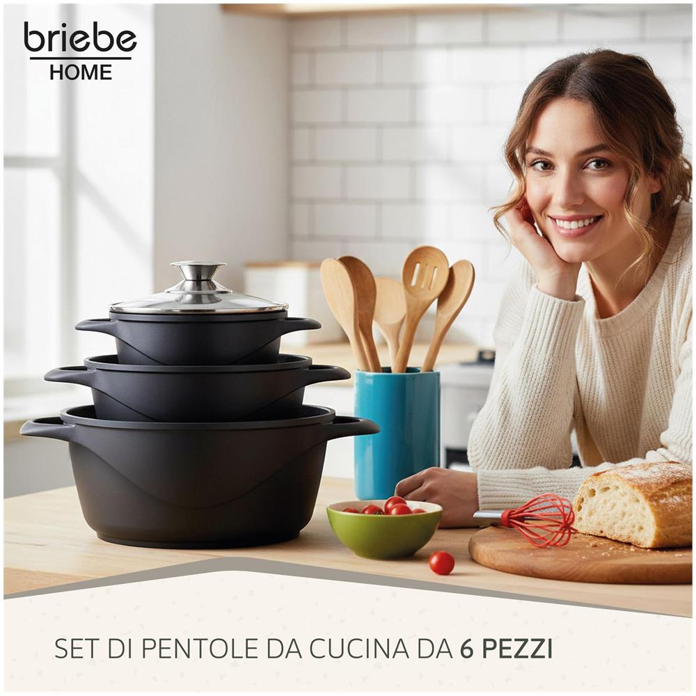 Mgk-18 Batteria Da Cucina Induzione Set Pentole 6 Pezzi Alluminio Fuso, Coperchi Vetro Nero - Foto 2