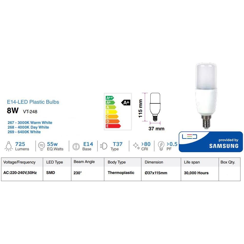 Lampadine Led E14 T37 8w Samsung Tubolare Luce Naturale 4000k V-tac Vt-248 268 - Foto 2