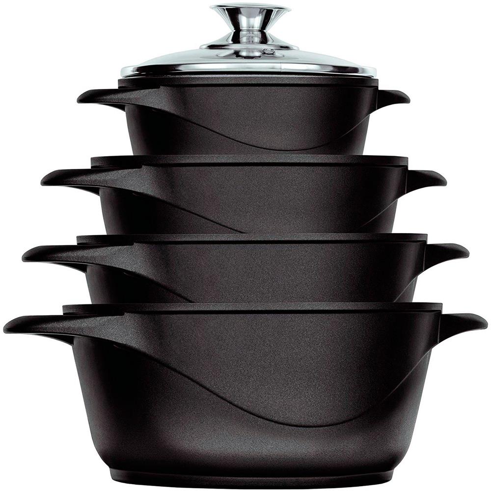 Mgk-12 Batteria Da Cucina Induzione Set Pentole 8 Pezzi Alluminio Fuso, Coperchi Vetro Nero - Foto 1