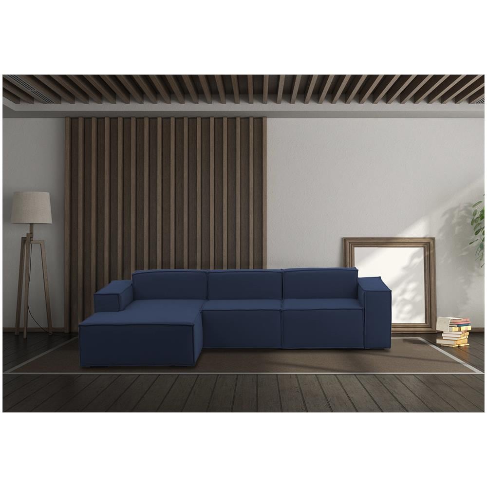 Divano Fisso Jessica, Divano Componibile A 3 Posti Con Penisola Sinistra, 100% Made In Italy, Sofà Moderno In Tessuto, Cm 300x170h70, Blu - Foto 1