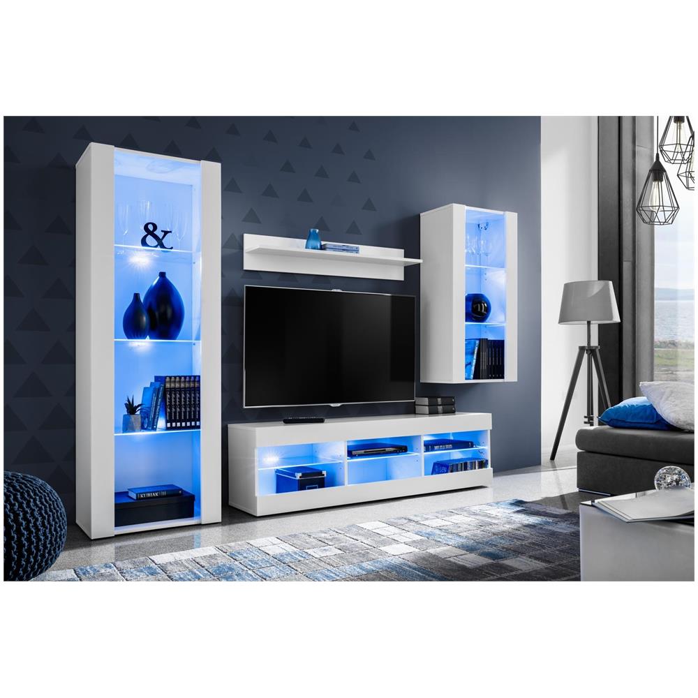Komodee, Set Di Mobili Porta TV Tivoli Medio RTV, White /White, LED Blu, Larghezza 245 cm x Altezza 159 cm x Profondità 35 cm, Per soggiorno, Camera da letto - Foto 2