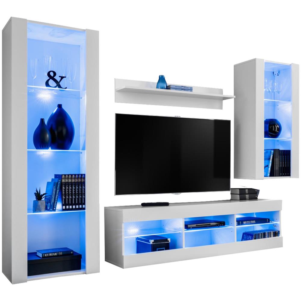 Komodee, Set Di Mobili Porta TV Tivoli Medio RTV, White /White, LED Blu, Larghezza 245 cm x Altezza 159 cm x Profondità 35 cm, Per soggiorno, Camera da letto - Foto 1