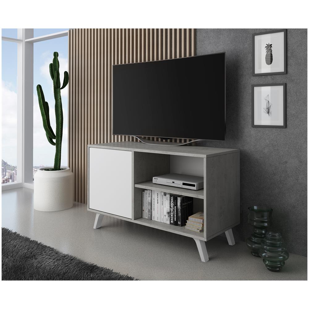 Mobile Tv 100 Con Porta Sinistra, Soggiorno, Modello Wind, Colore Struttura Cemento, Colore Porta Bianco Matte, Misure 95x40x57cm Di Altezza. - Foto 2