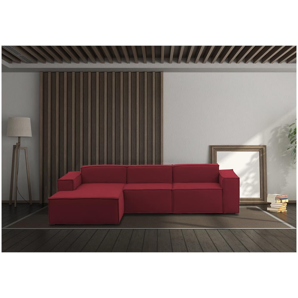 Divano Fisso Jessica, Divano Componibile A 3 Posti Con Penisola Sinistra, 100% Made In Italy, Sofà Moderno In Tessuto, Cm 300x170h70, Rosso - Foto 1