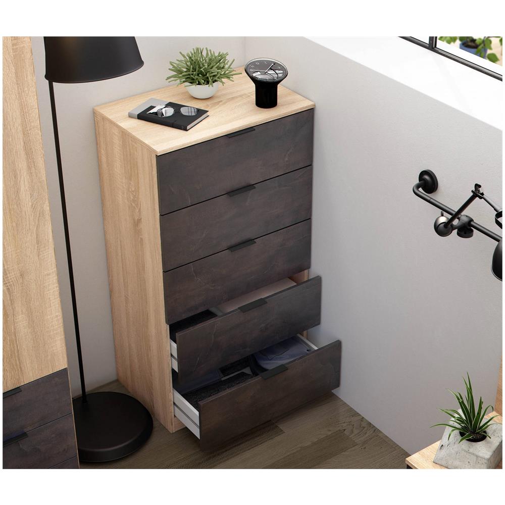 Cassettiera Mesquite, Settimanale A 5 Cassetti, Mobile Comò Per Camera Da Letto, Settimanale Moderno, 60x40h110 Cm, Rovere E Antracite - Foto 1