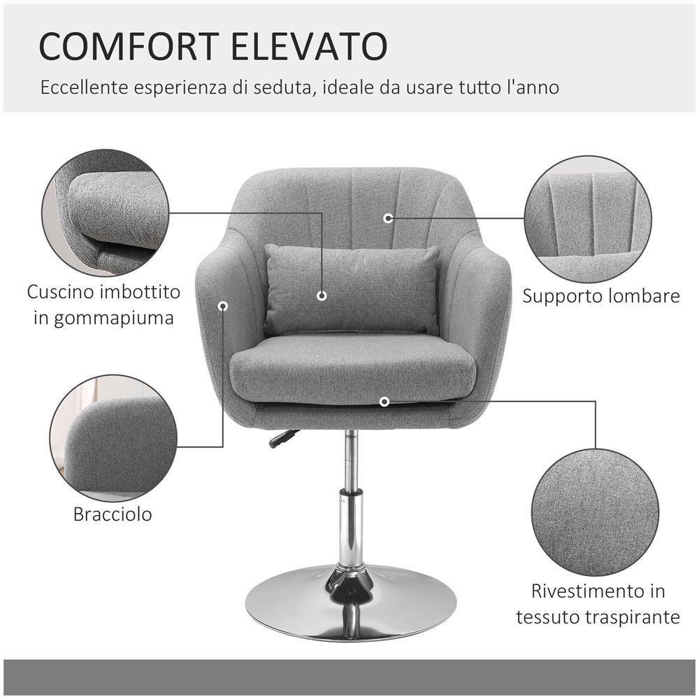 Sedia Girevole a 360? ad Altezza Regolabile, con Cuscino, Supporto Lombare e Bracciolo, 60x60x79-91 cm, Grigio - Foto 6