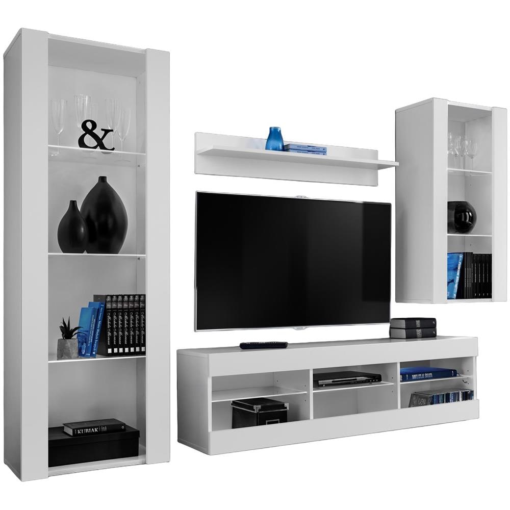 Komodee, Set Di Mobili Porta TV Tivoli Medio RTV, White /White, Senza LED, Larghezza 245 cm x Altezza 159 cm x Profondità 35 cm, Per soggiorno, Camera da letto - Foto 1