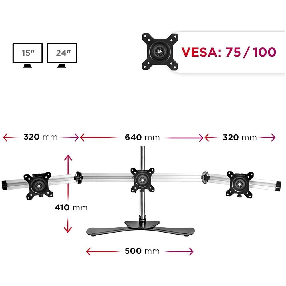 Dm753 Supporto Per 3 Monitor - Base In Acciaio Per Schermi Fino A 24"" - Altezza Regolabile - Guida In Alluminio Per Schermi Fino A 8 Kg - Inclinazione + / -15° - Rotazione Schermi 360° - Foto 2