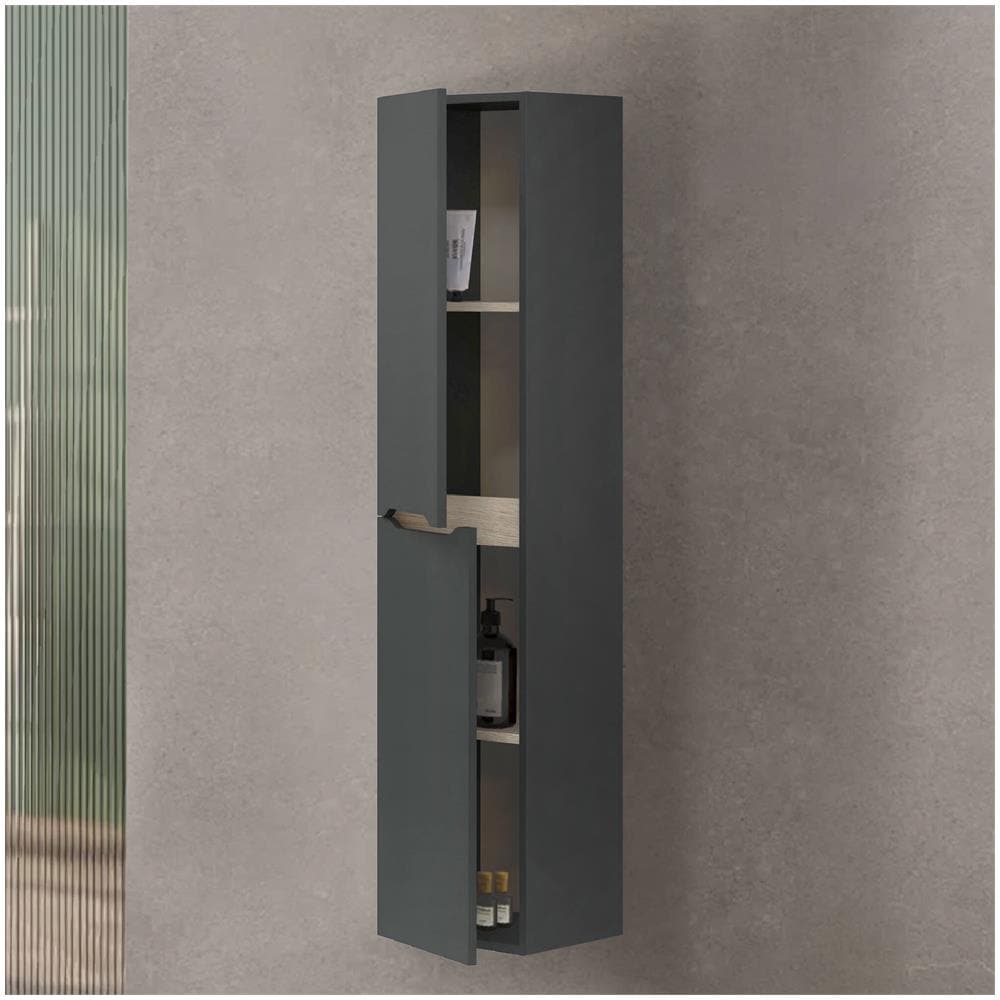 Colonna Bagno Williamsburg, Pensile Bagno Sospeso A 2 Ante, Armadio Alto, 31x26h135 Cm, Antracite E Rovere - Foto 1