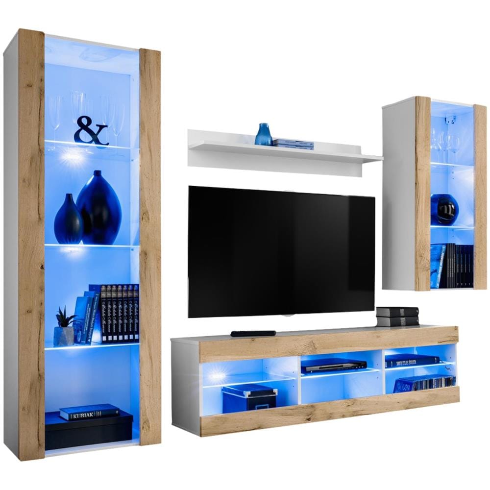 Komodee, Set Di Mobili Porta TV Tivoli Medio RTV, White /Wotan, LED Blu, Larghezza 245 cm x Altezza 159 cm x Profondità 35 cm, Per soggiorno, Camera da letto - Foto 1