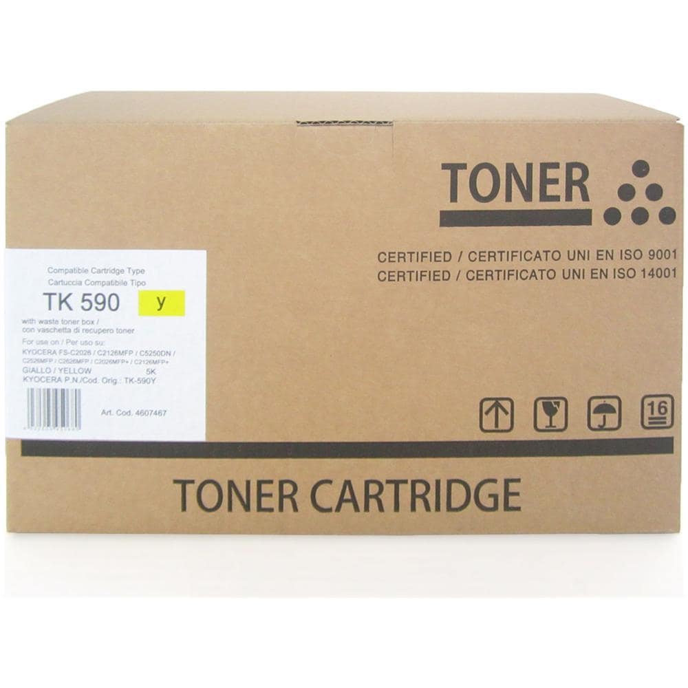 TONER COMPATIBILE - Cartuccia  Giallo con Chip + Vaschetta Rec. , TK-590Y, 1T02KVANL0, Giallo, Laser, Kyocera, KYOCERA - MITA FS-C2026, KYOCERA - MITA FS-C2126MFP, KYOCERA - MITA FS-C5250DN, KYOCERA - MITA FS-C2, TK-590Y, 1T02KVANL0, ISO 9001:2008, ISO 14001:2004 - Foto 1