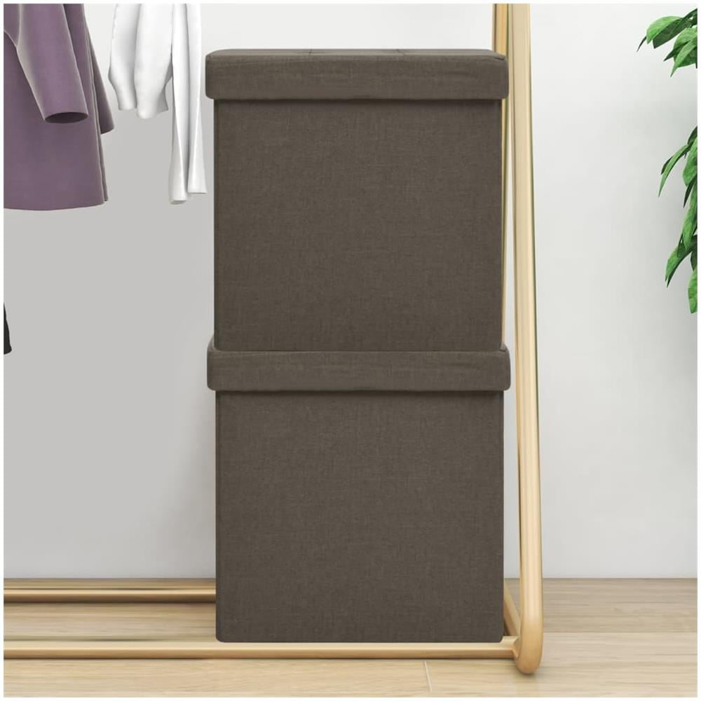 Pouf Con Contenitore Pieghevoli 2 Pz Marroni In Simil Lino - Foto 1