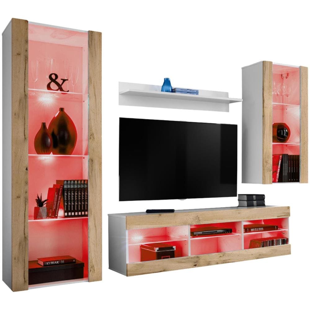 Komodee, Set Di Mobili Porta TV Tivoli Medio RTV, White /Wotan, LED RGB, Larghezza 245 cm x Altezza 159 cm x Profondità 35 cm, Per soggiorno, Camera da letto - Foto 1