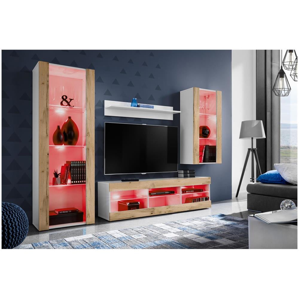 Komodee, Set Di Mobili Porta TV Tivoli Medio RTV, White /Wotan, LED RGB, Larghezza 245 cm x Altezza 159 cm x Profondità 35 cm, Per soggiorno, Camera da letto - Foto 2