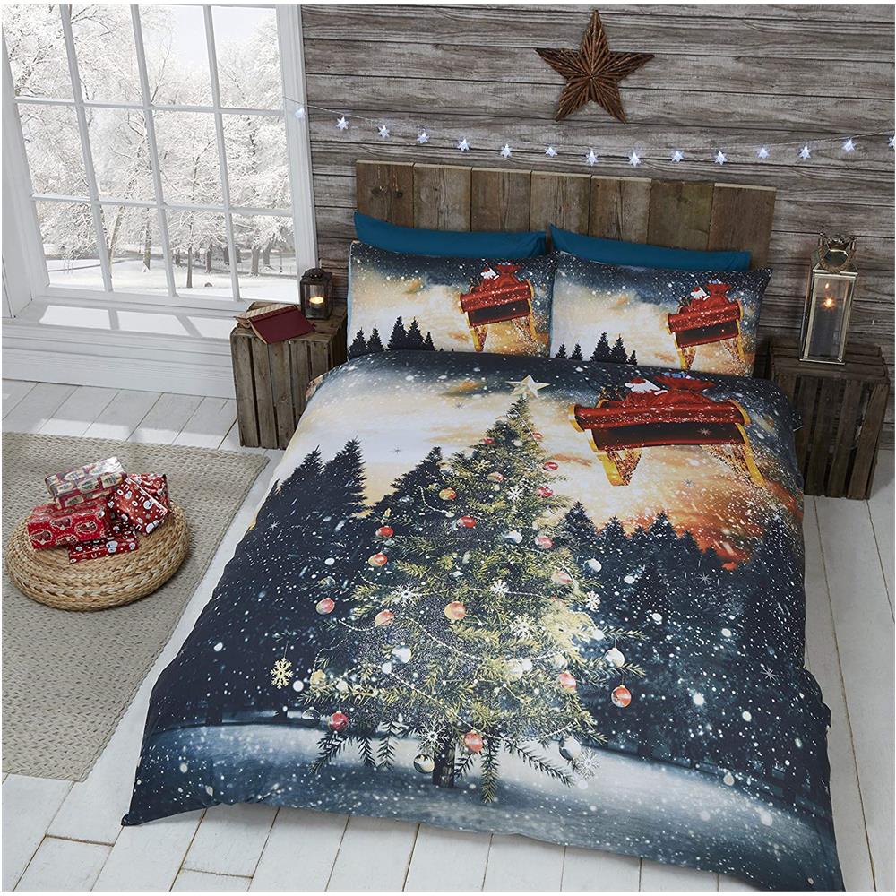Set Comprensivo Di Copripiumino Per Letto Matrimoniale E 2 Federe, Fantasia Con Albero Di Natale, Slitta E Babbo Natale, Multicolore - Foto 1