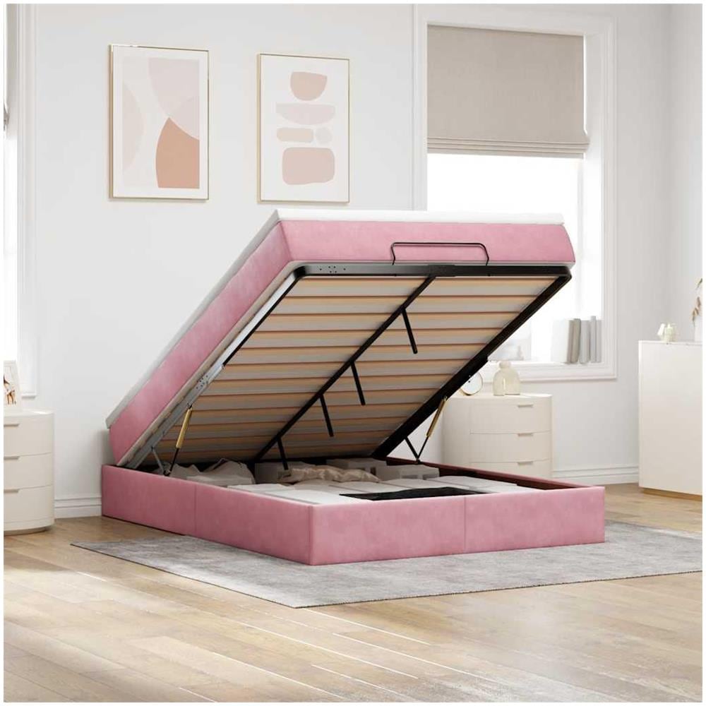 Struttura Letto Pouf con Materasso Rosa 140x190 cm in Velluto - Foto 2
