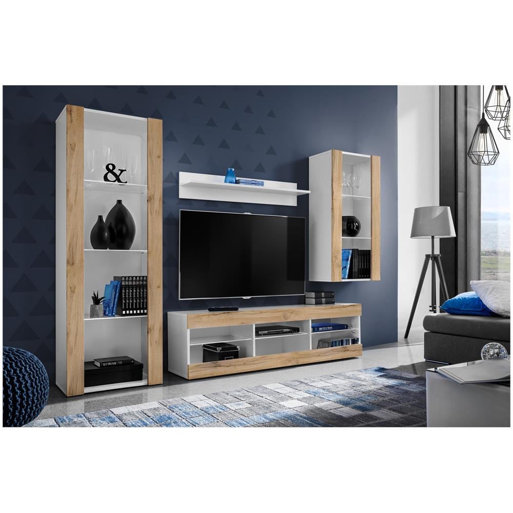Komodee, Set Di Mobili Porta TV Tivoli Medio RTV, White /Wotan, Senza LED, Larghezza 245 cm x Altezza 159 cm x Profondità 35 cm, Per soggiorno, Camera da letto - Foto 2