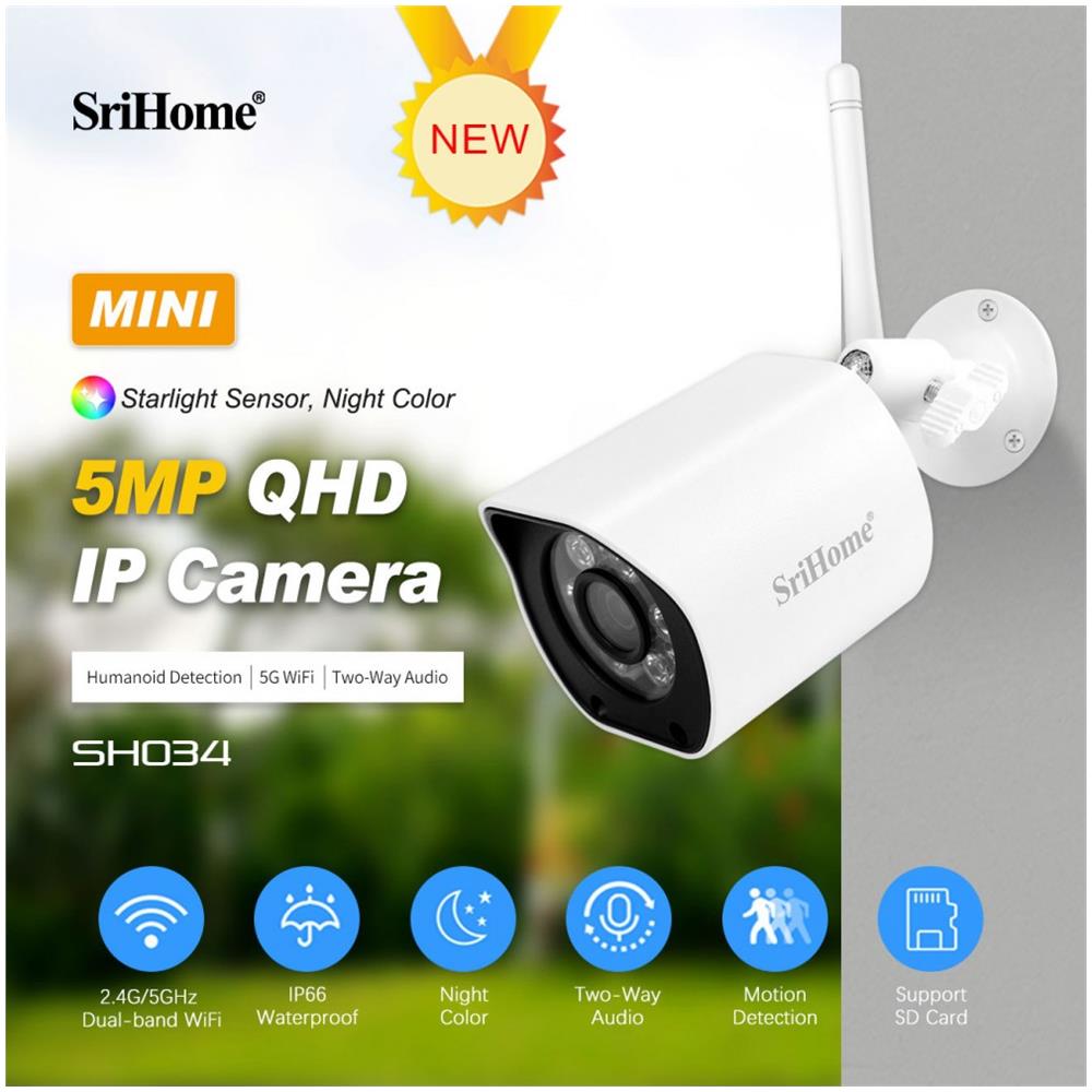 Sh034 Srihome Fhd: 1920p 5mp, Smart H. 265 Audio: Built-in Mic & Speaker Sd Card Wifi 5mp Starlight - Foto 1