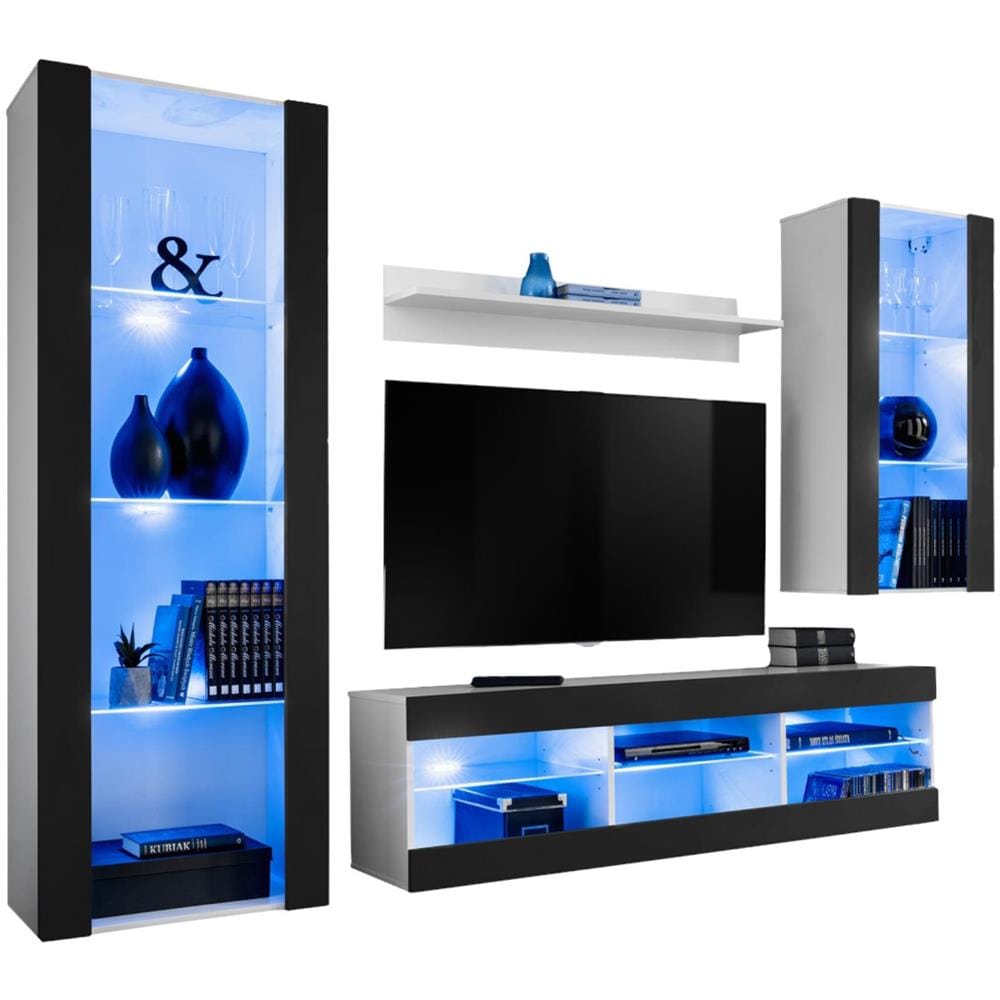 Komodee, Set Di Mobili Porta TV Tivoli Medio RTV, White /Black, LED Blu, Larghezza 245 cm x Altezza 159 cm x Profondità 35 cm, Per soggiorno, Camera da letto - Foto 1