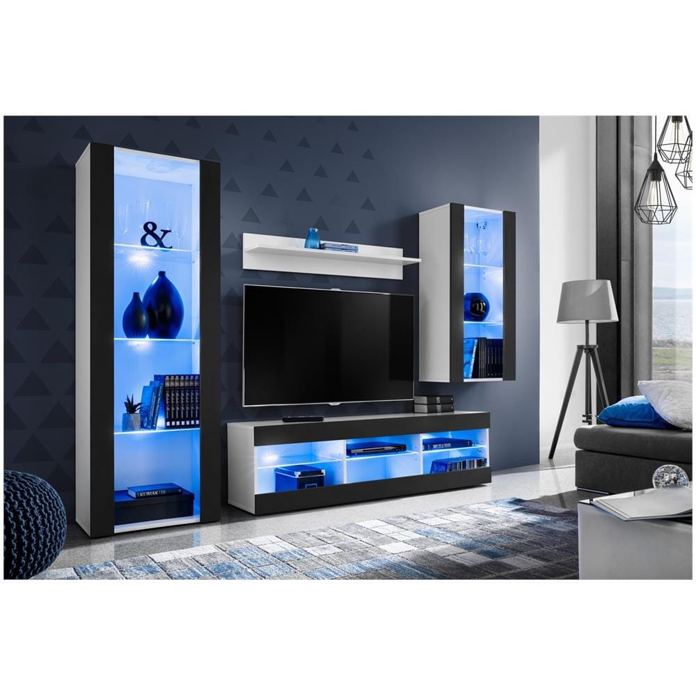 Komodee, Set Di Mobili Porta TV Tivoli Medio RTV, White /Black, LED Blu, Larghezza 245 cm x Altezza 159 cm x Profondità 35 cm, Per soggiorno, Camera da letto - Foto 2