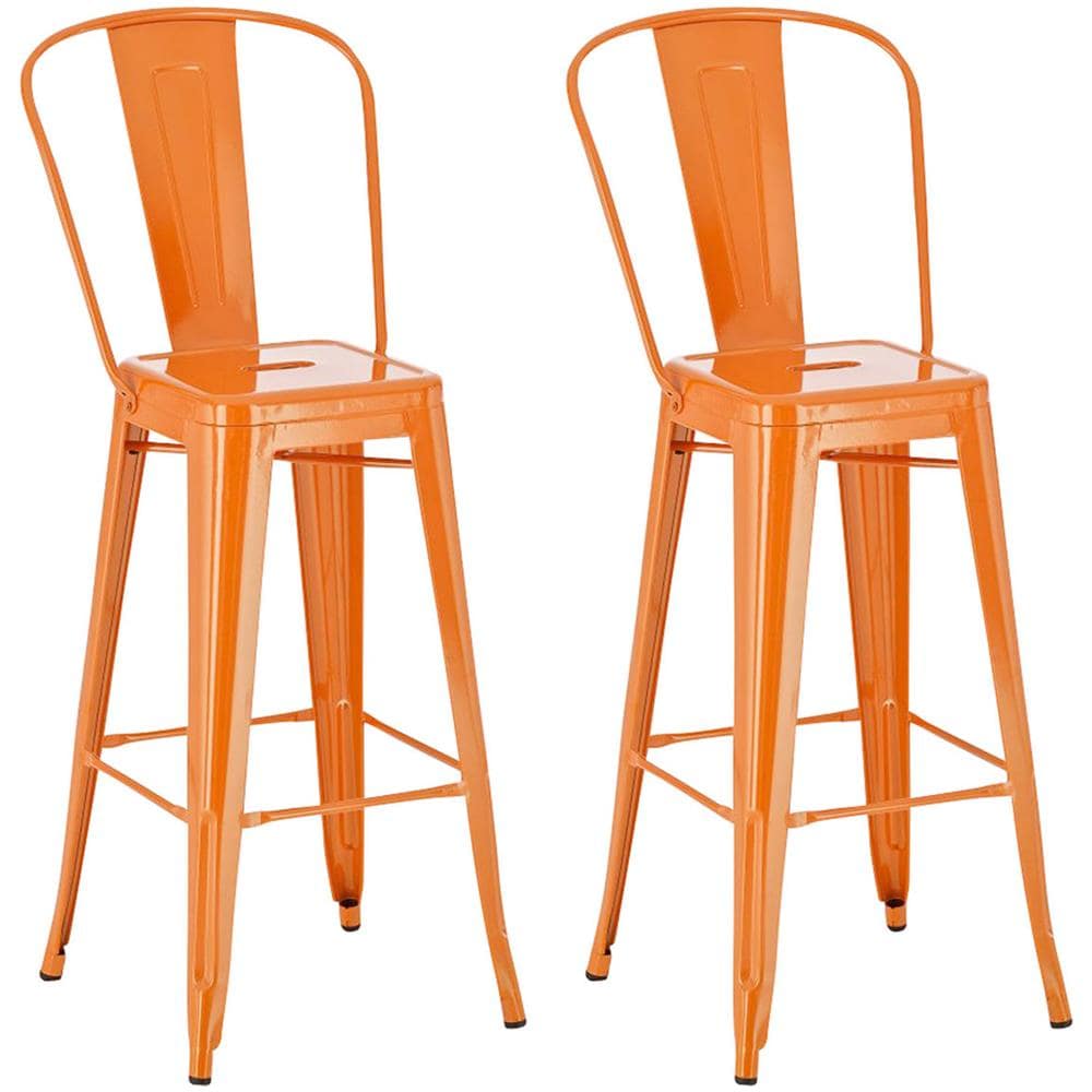Set 2 Sgabelli Con Schienale Aiden In Metallo - Coppia Sedie Sgabelli Cucina Industriali Verniciati A Polvere Con Poggiapiedi - H77CM Arancione - Foto 4