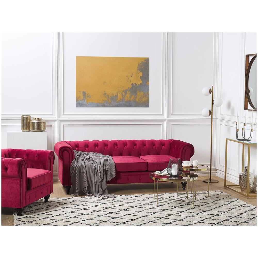Set Divano E Poltrona A 4 Posti In Velluto Rosso Scuro Chesterfield - Foto 2