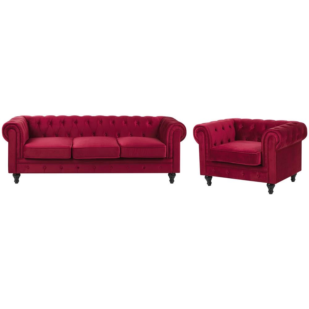 Set Divano E Poltrona A 4 Posti In Velluto Rosso Scuro Chesterfield - Foto 1