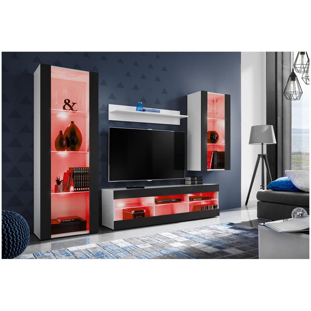 Komodee, Set Di Mobili Porta TV Tivoli Medio RTV, White /Black, LED RGB, Larghezza 245 cm x Altezza 159 cm x Profondità 35 cm, Per soggiorno, Camera da letto - Foto 2