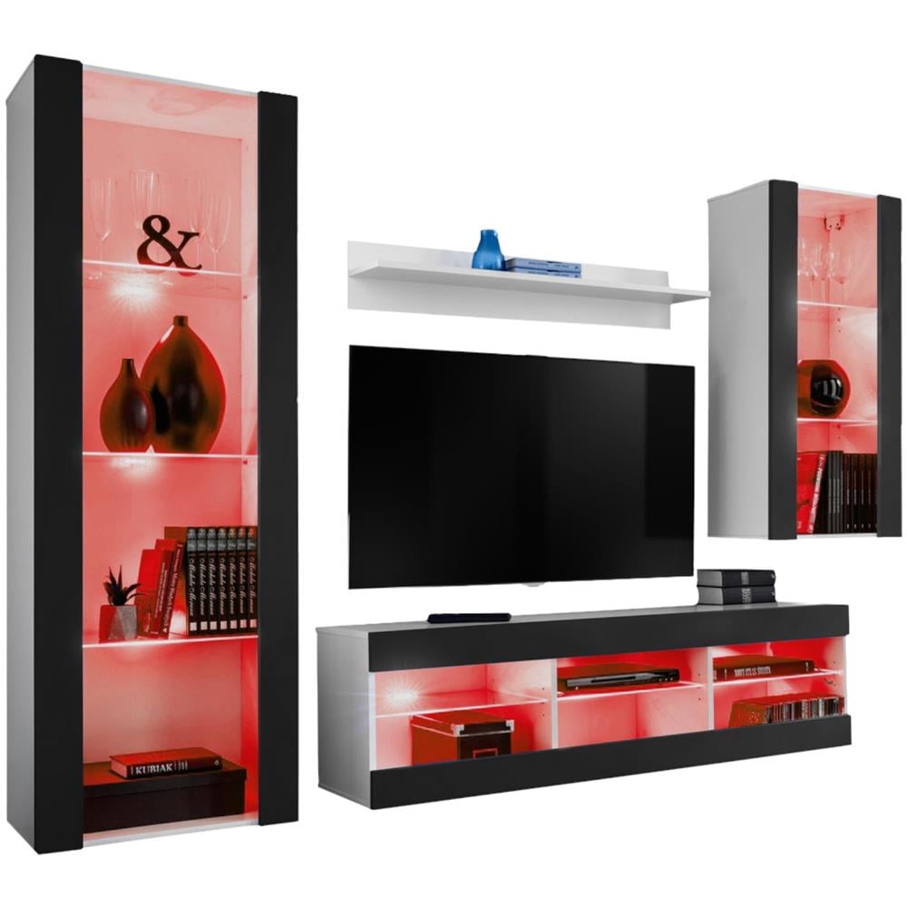 Komodee, Set Di Mobili Porta TV Tivoli Medio RTV, White /Black, LED RGB, Larghezza 245 cm x Altezza 159 cm x Profondità 35 cm, Per soggiorno, Camera da letto - Foto 1
