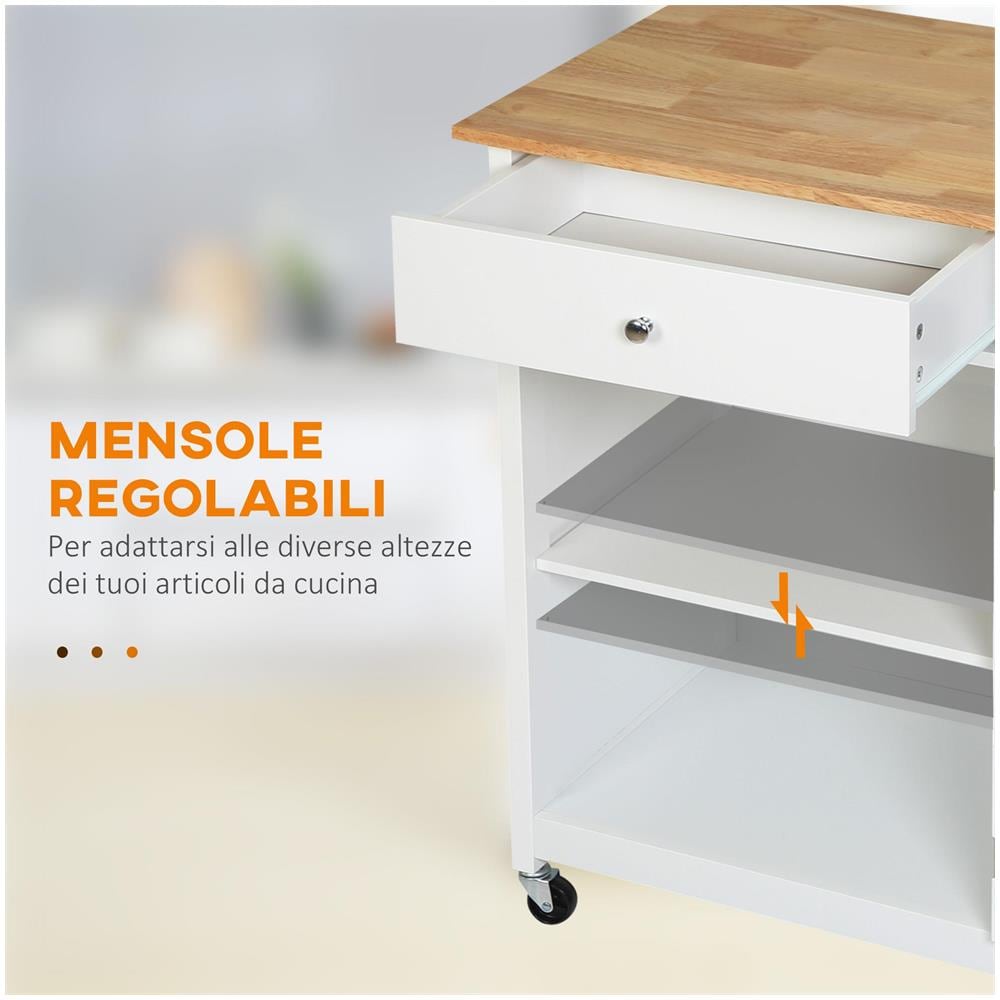 Carrello da Cucina Multiuso con 4 Ruote, in Legno Bianco, 67x48x86.5cm - Foto 6