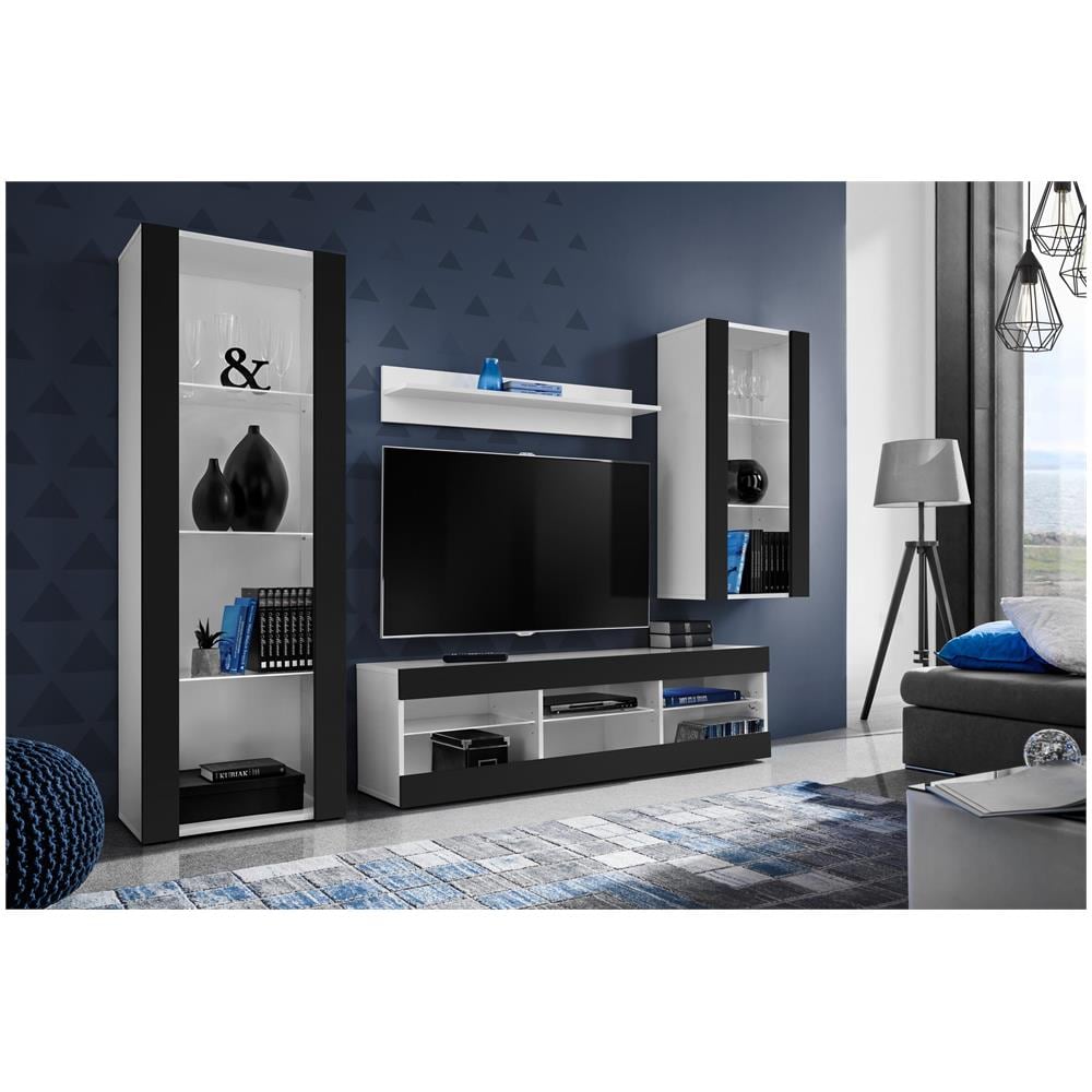 Komodee, Set Di Mobili Porta TV Tivoli Medio RTV, White /Black, Senza LED, Larghezza 245 cm x Altezza 159 cm x Profondità 35 cm, Per soggiorno, Camera da letto - Foto 2