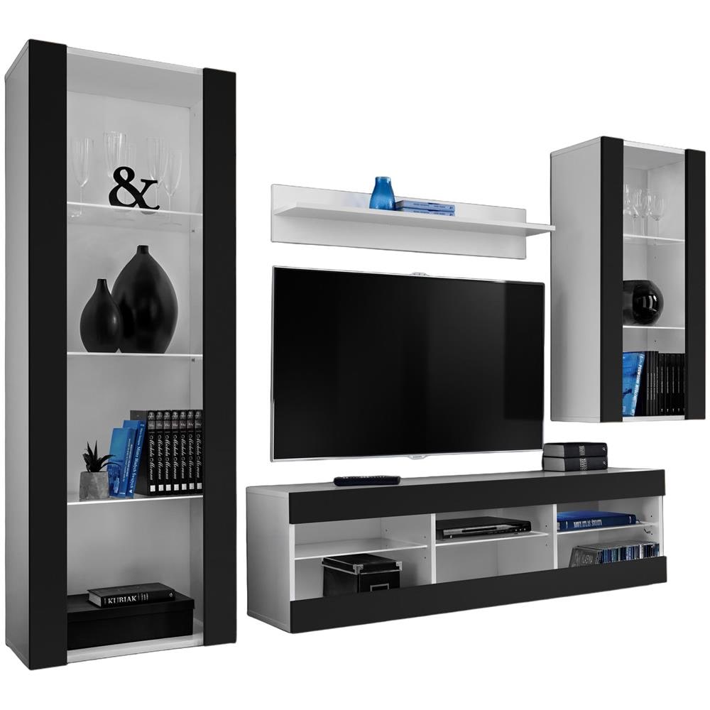 Komodee, Set Di Mobili Porta TV Tivoli Medio RTV, White /Black, Senza LED, Larghezza 245 cm x Altezza 159 cm x Profondità 35 cm, Per soggiorno, Camera da letto - Foto 1