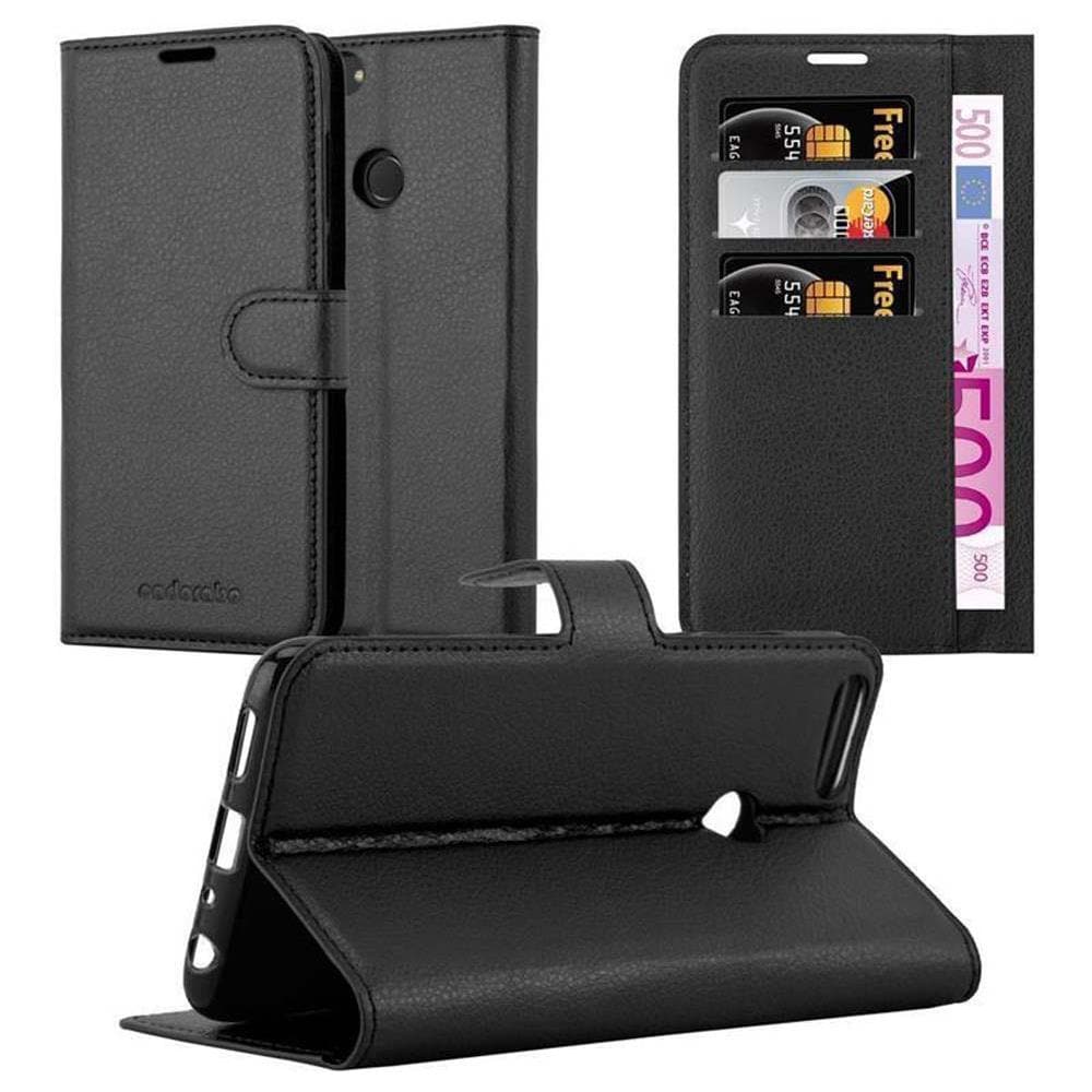 Custodia Compatibile Con Huawei P Smart 2018 / Enjoy 7s In Nero Carbone - Coperchio Protettiva Con Chiusura Magnetica, Funzione Stand E Tasca Per Le Carte - Foto 1