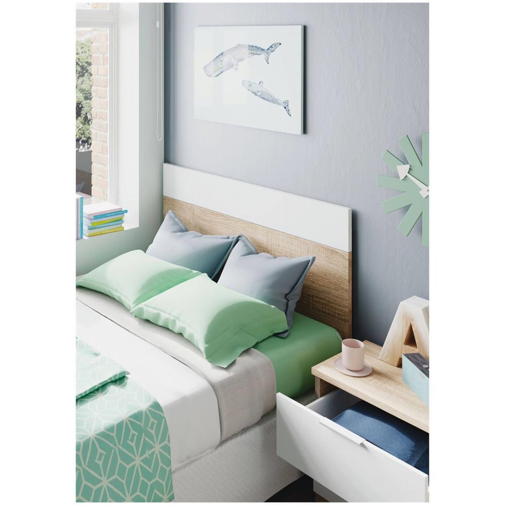 Comodino Honolulu, Comodino A Due Cassetti Con Testiera Per Letto Singolo Da 90 Cm, 50x38h75 Cm, Rovere E Bianco - Foto 1