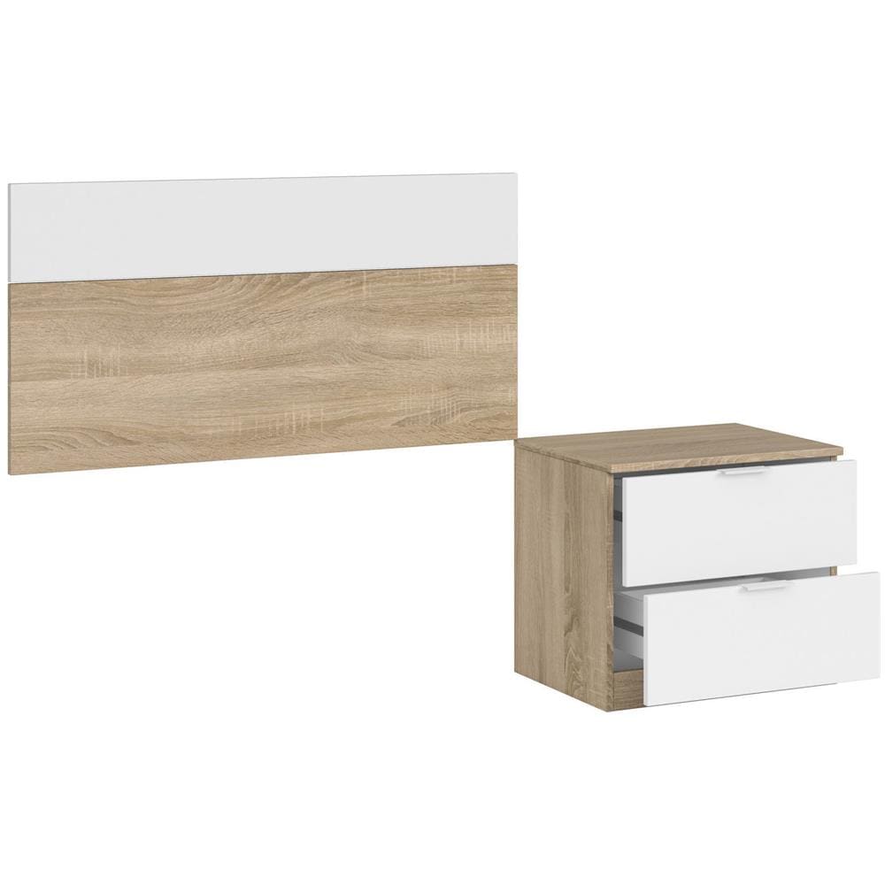 Comodino Honolulu, Comodino A Due Cassetti Con Testiera Per Letto Singolo Da 90 Cm, 50x38h75 Cm, Rovere E Bianco - Foto 2