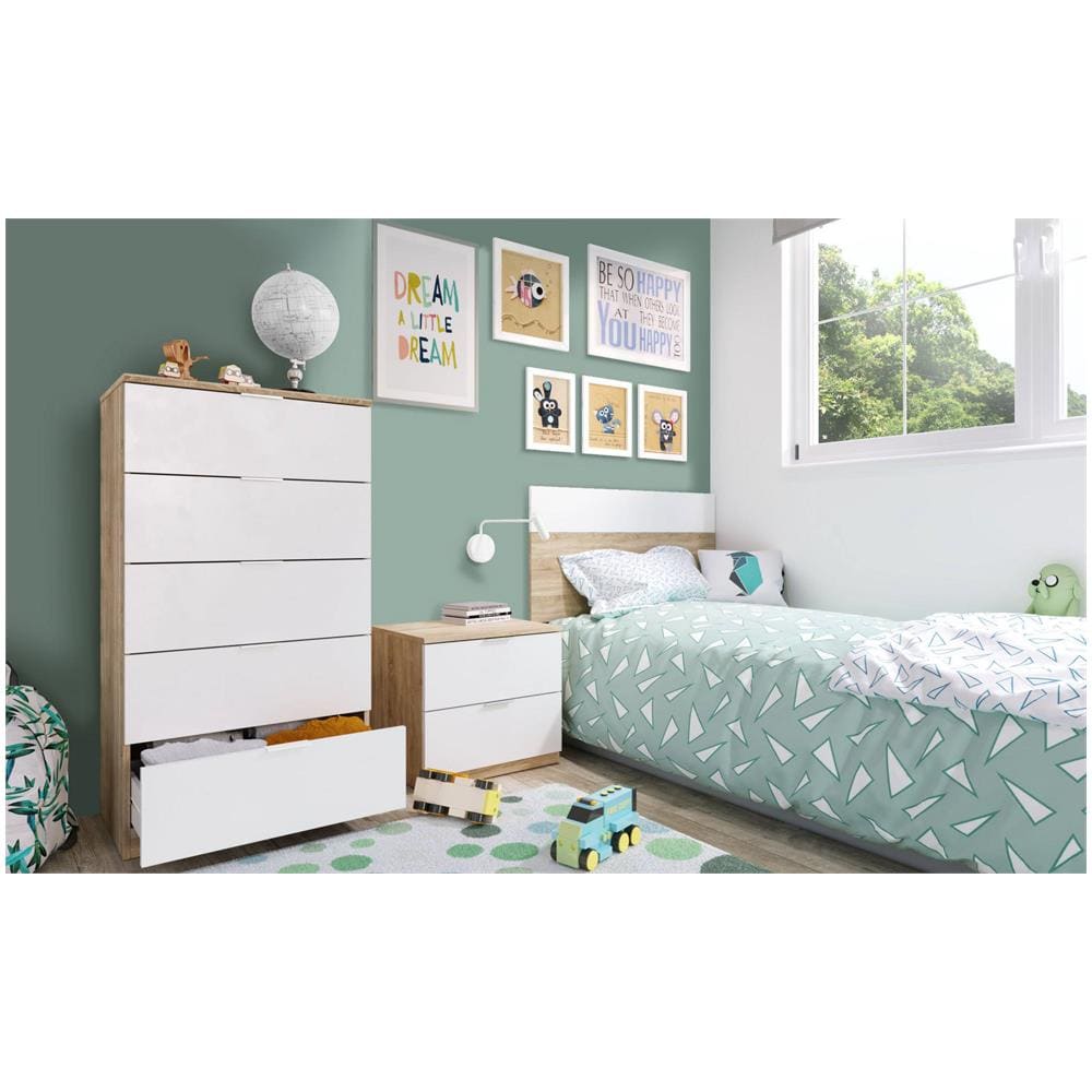 Comodino Honolulu, Comodino A Due Cassetti Con Testiera Per Letto Singolo Da 90 Cm, 50x38h75 Cm, Rovere E Bianco - Foto 4