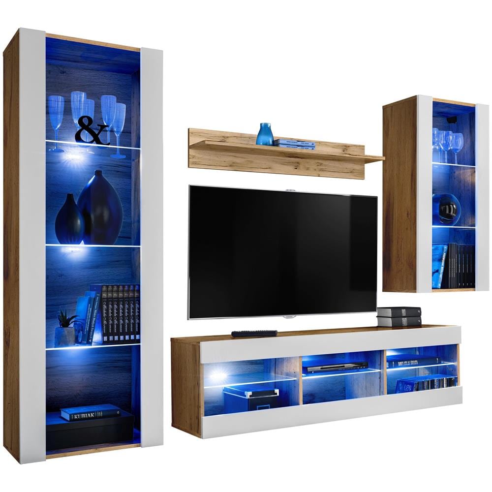 Komodee, Set Di Mobili Porta TV Tivoli Medio RTV, Wotan /White, LED Blu, Larghezza 245 cm x Altezza 159 cm x Profondità 35 cm, Per soggiorno, Camera da letto - Foto 1