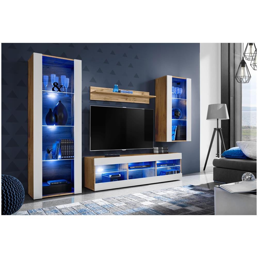 Komodee, Set Di Mobili Porta TV Tivoli Medio RTV, Wotan /White, LED Blu, Larghezza 245 cm x Altezza 159 cm x Profondità 35 cm, Per soggiorno, Camera da letto - Foto 2