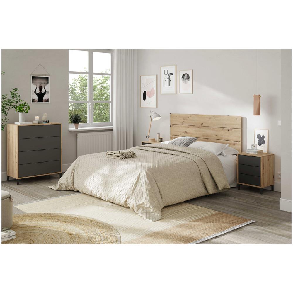 Comodino Birmingham, Set Camera Da Letto, Testiera Letto E 2 Comodini A 3 Cassetti, 160x2 Cm, Rovere Effetto Nodi E Antracite - Foto 1