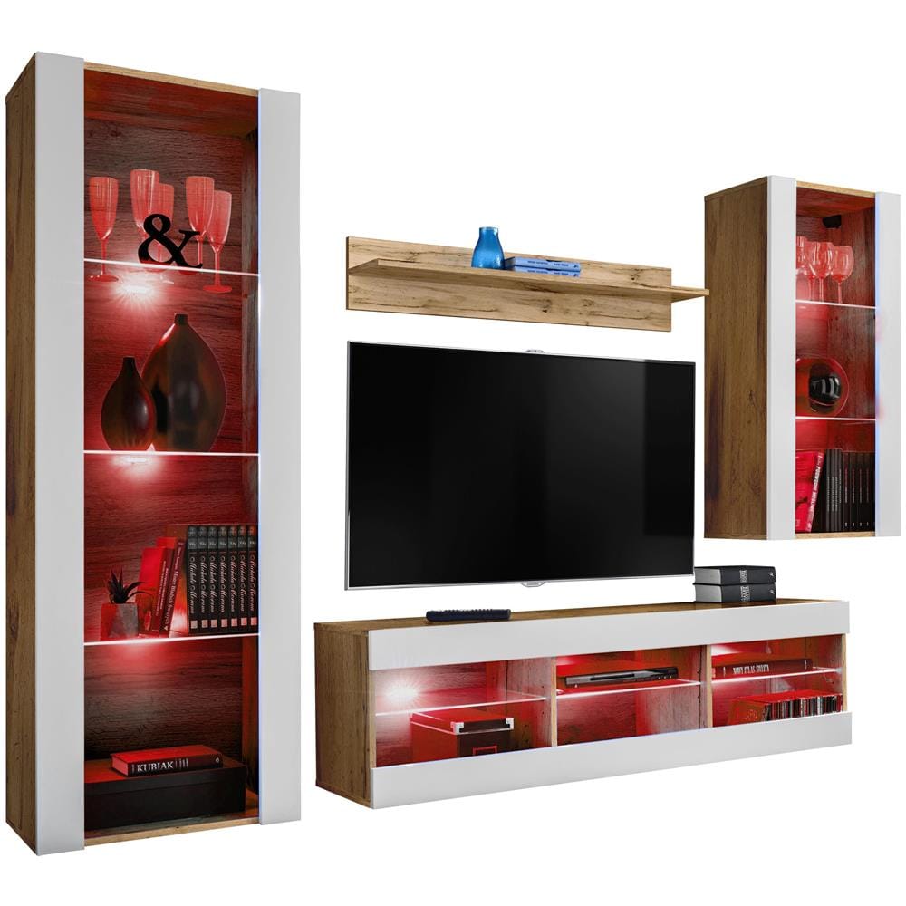 Komodee, Set Di Mobili Porta TV Tivoli Medio RTV, Wotan /White, LED RGB, Larghezza 245 cm x Altezza 159 cm x Profondità 35 cm, Per soggiorno, Camera da letto - Foto 1